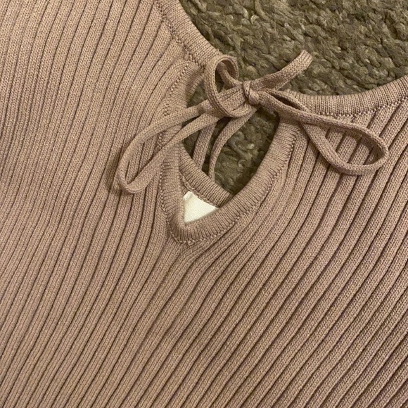 Tan Ribbed Off Shoulder Keyhole Tie Front Bodysuit Taupe Sweater Long Sleeve 🤎 - Picture 4 of 8